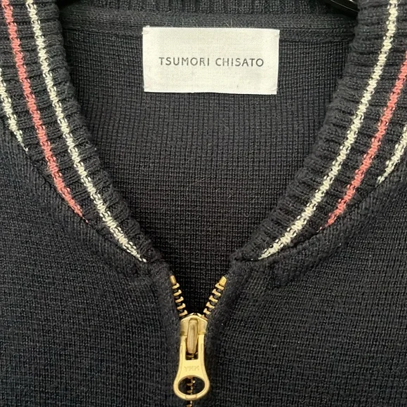 Tsumori Chisato zip front sweater with collegiate style trim. navy. extra small - Picture 2 of 5